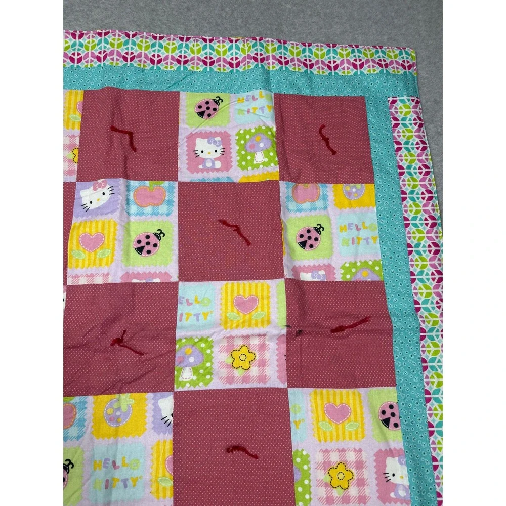 Handmade Hello Kitty Patchwork Baby Quilt Reversible Teddy Bear 34x34 Linus
